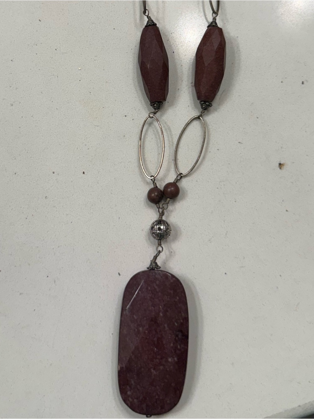 Artisan Red Jasper Stone Pendant Statement Necklace Silver Tone Oval Links